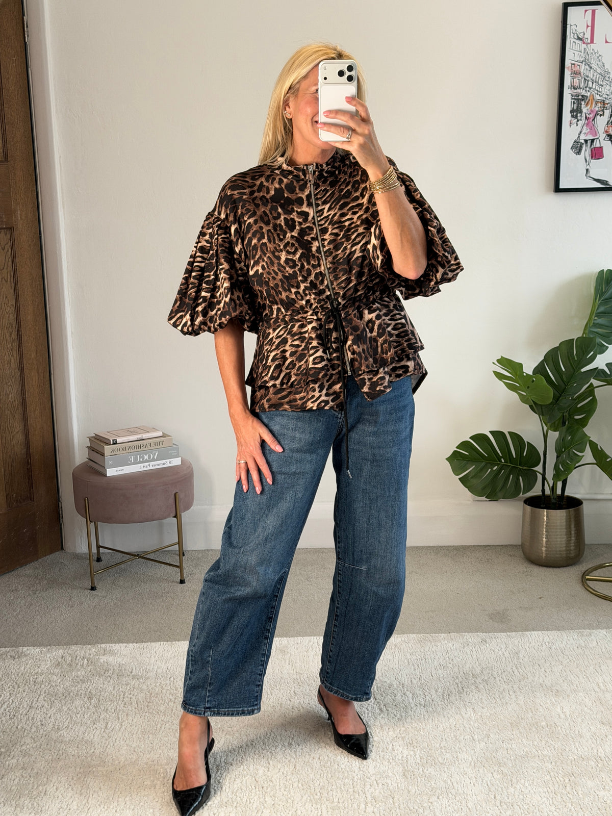 Leopard Balloon Sleeve Peplum Jacket
