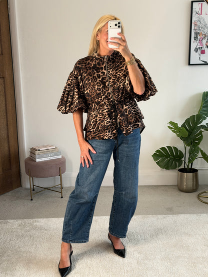 Leopard Balloon Sleeve Peplum Jacket