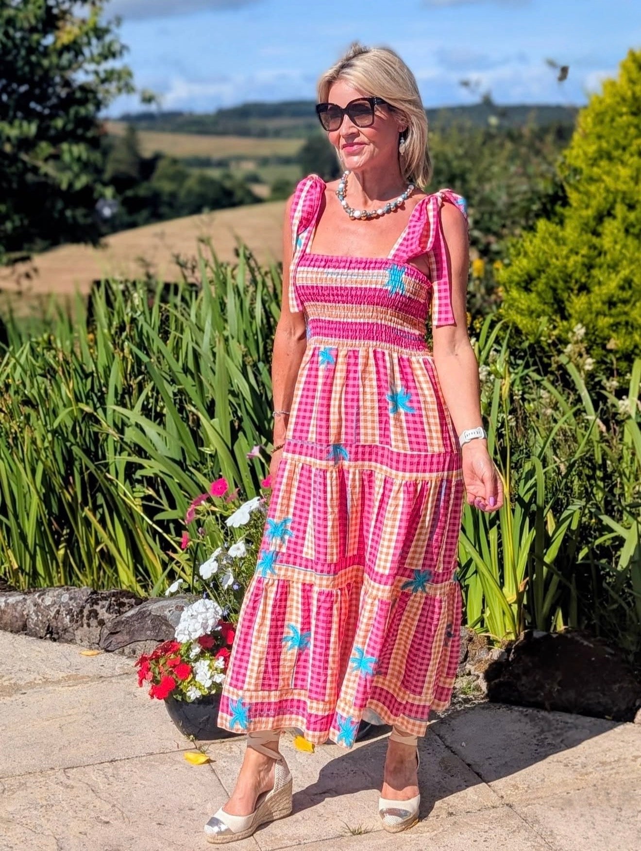 Pink/Orange Gingham/Palm Shirred Maxi Dress