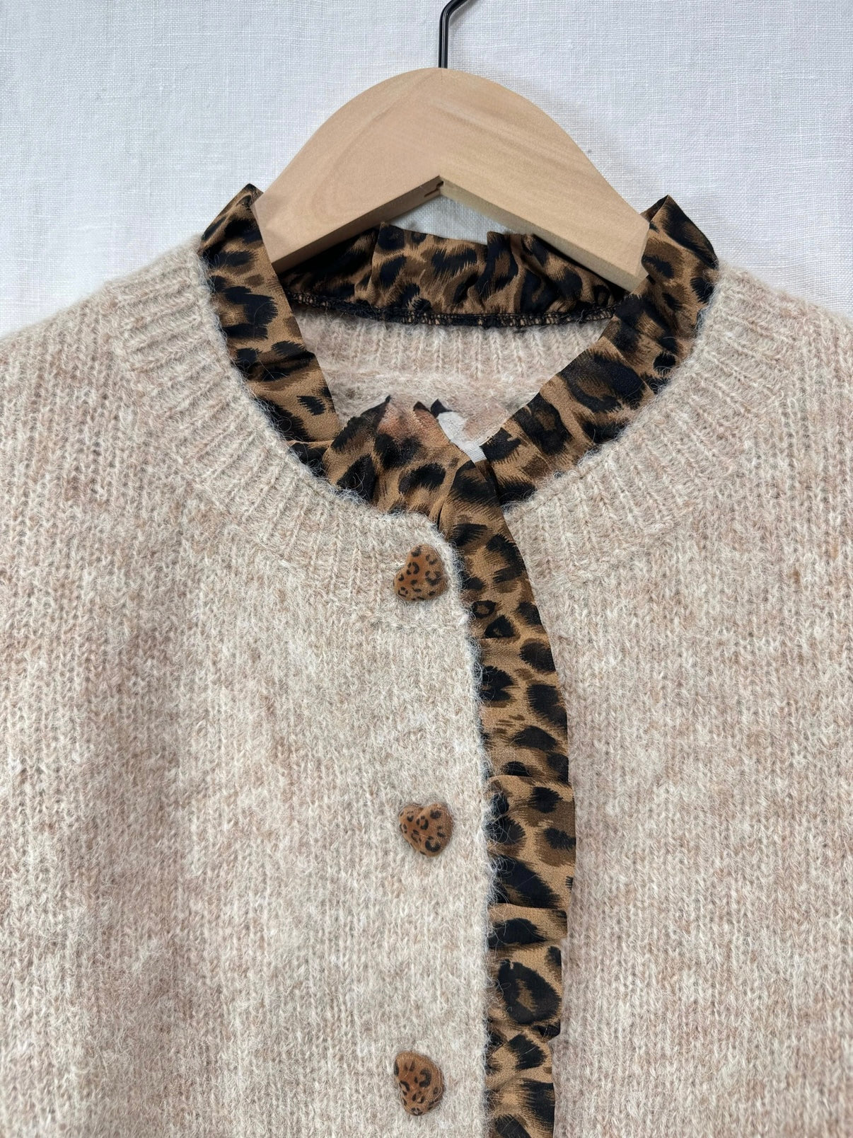 Oatmeal Leopard Trim Crew Neck Cardigan