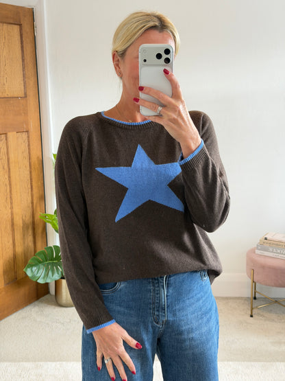 Chocolate/Cornflower Cashmere Mix Star Jumper
