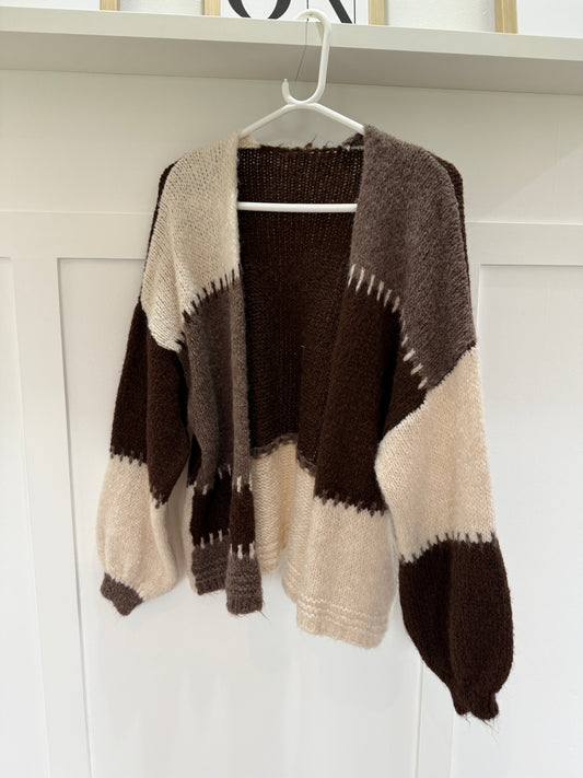 Brown/Mocha Patchwork Contrast Stitch Cosy Cardigan