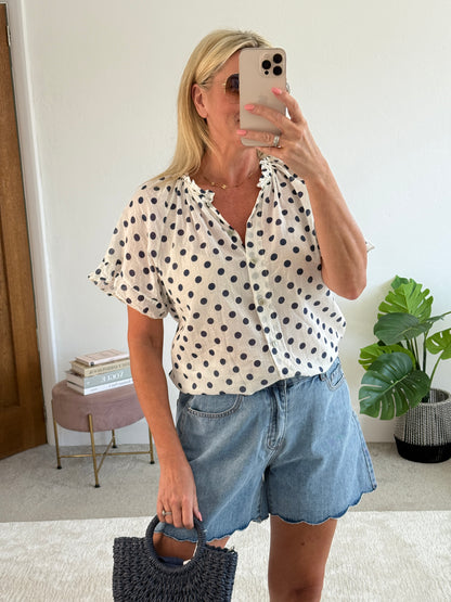 Navy Polka Dot Frill Sleeve Blouse