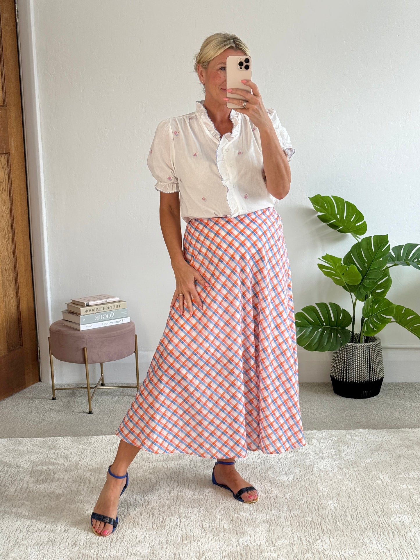 Orange/Blue Retro Check Flared Midi Skirt