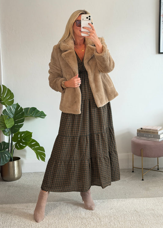 Khaki Heritage Check V-Neck Tiered Dress
