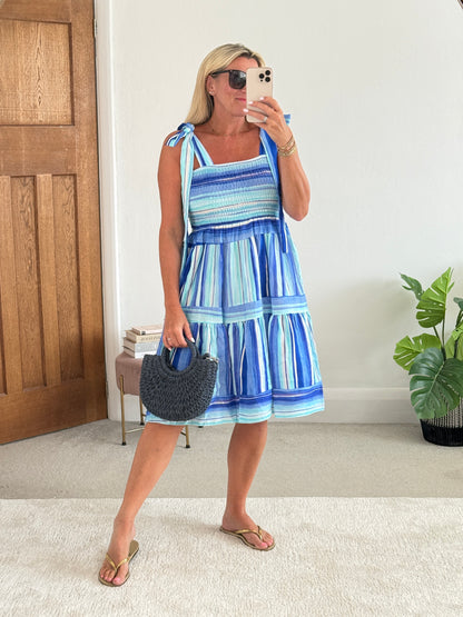 Turquoise Striped Shirred Dress