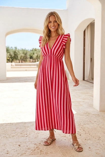 Pink/Red Stripe Cheesecloth Frill Sleeve Maxi Dress (Pre-Order)