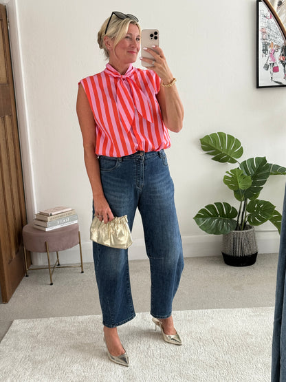 Pink/Orange Stripe Tie-Neck Blouse