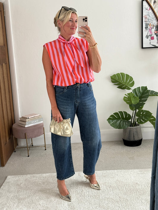 Pink/Orange Stripe Tie-Neck Blouse