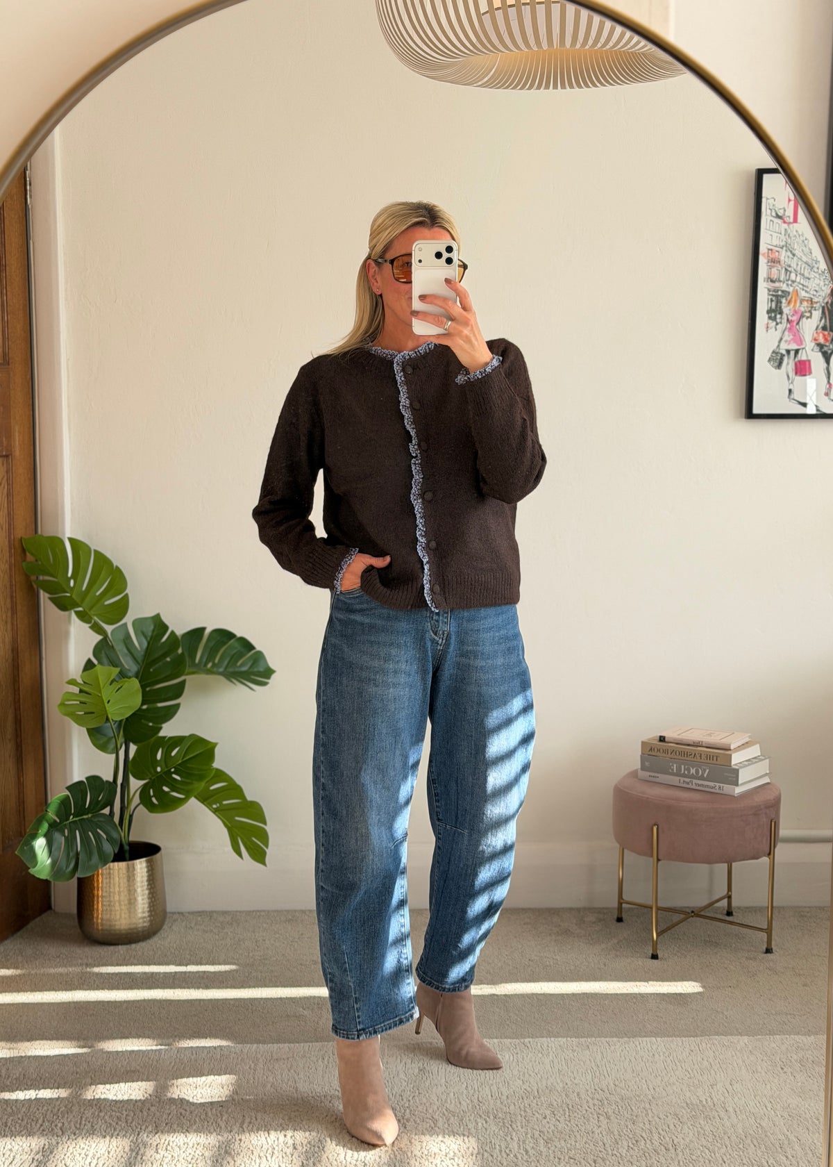 Chocolate/Blue Floral Frill Trim Cardigan