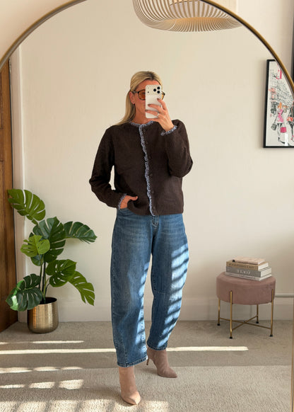 Chocolate/Blue Floral Frill Trim Cardigan