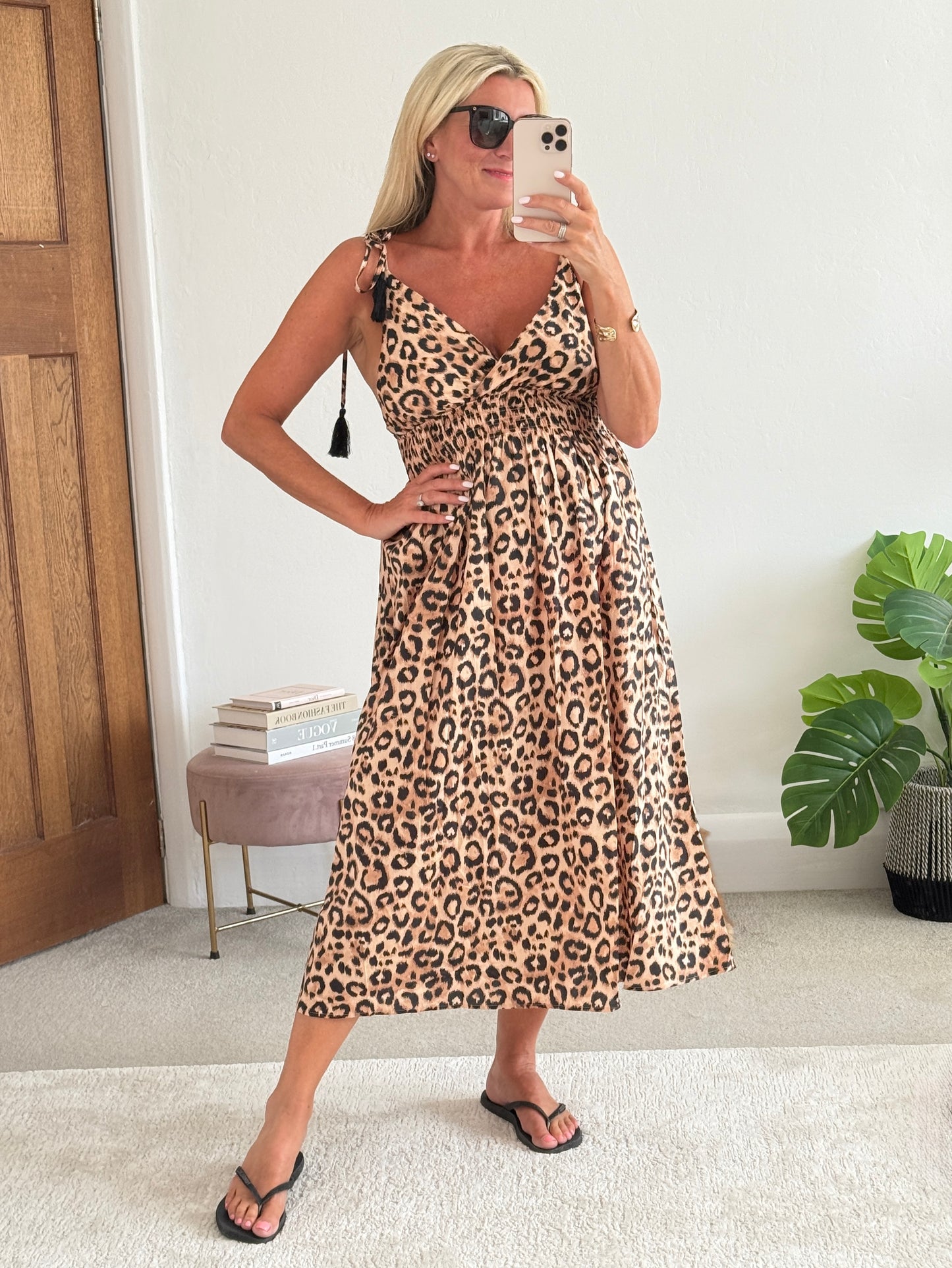 Leopard Tassel Tie Shoulder Midi Dress