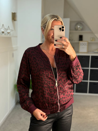 Burgundy Leopard Silk Mix Bomber Jacket