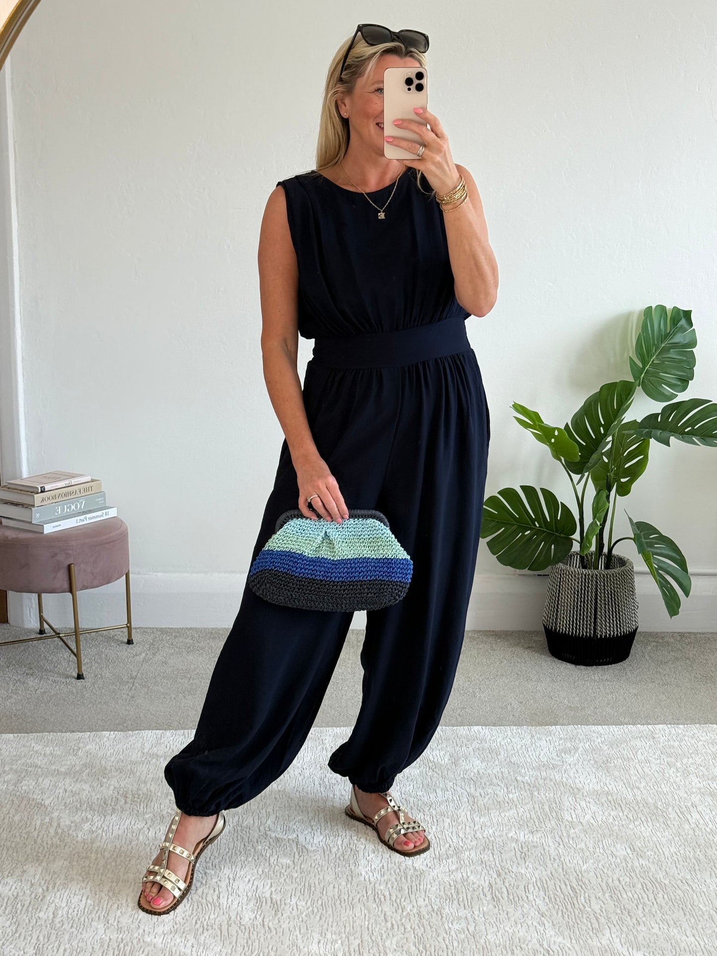 Navy Elasticated Sleeveless Harem Jumpsuit