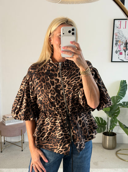 Leopard Balloon Sleeve Peplum Jacket