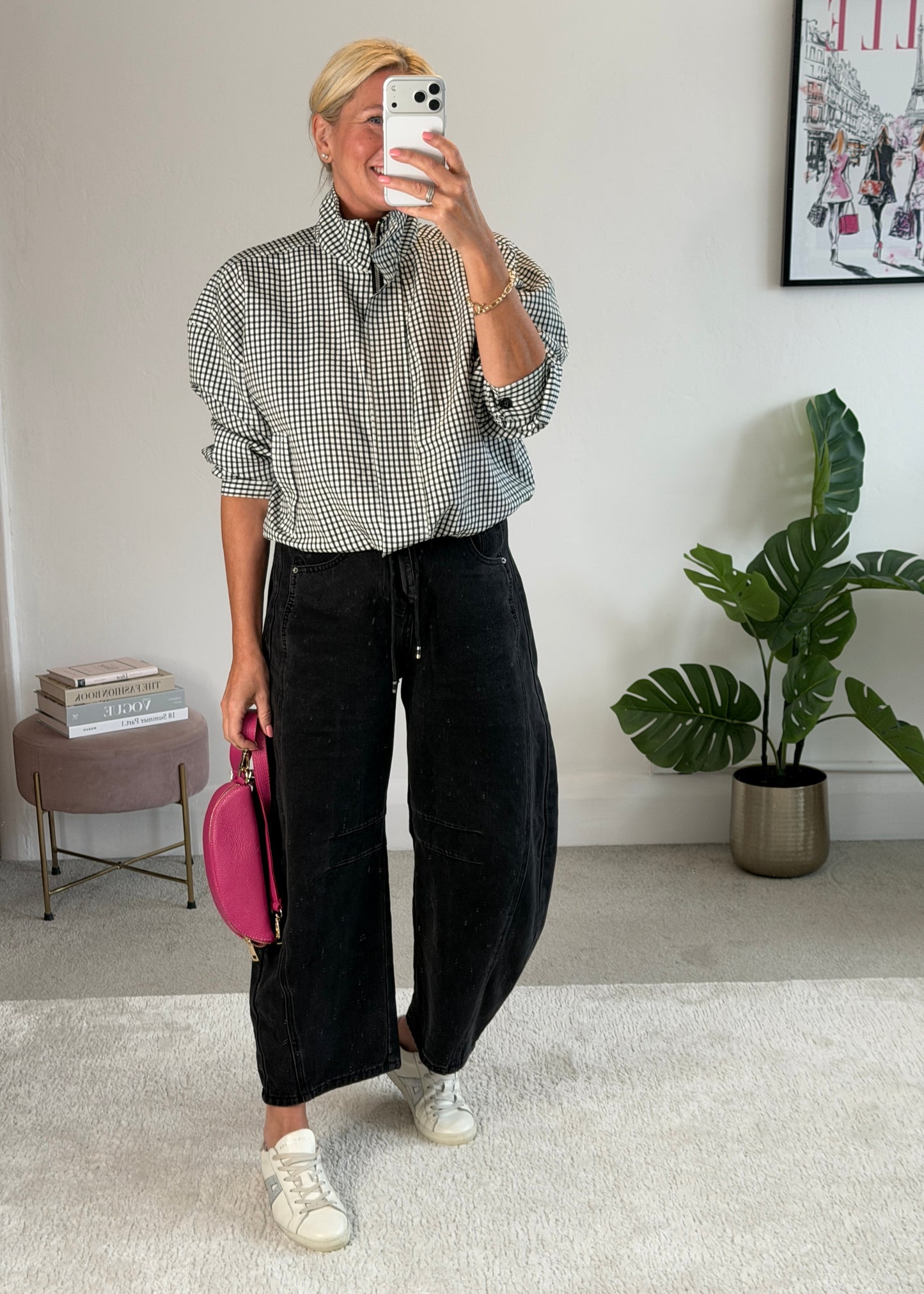 Black Check Funnel Neck Jacket