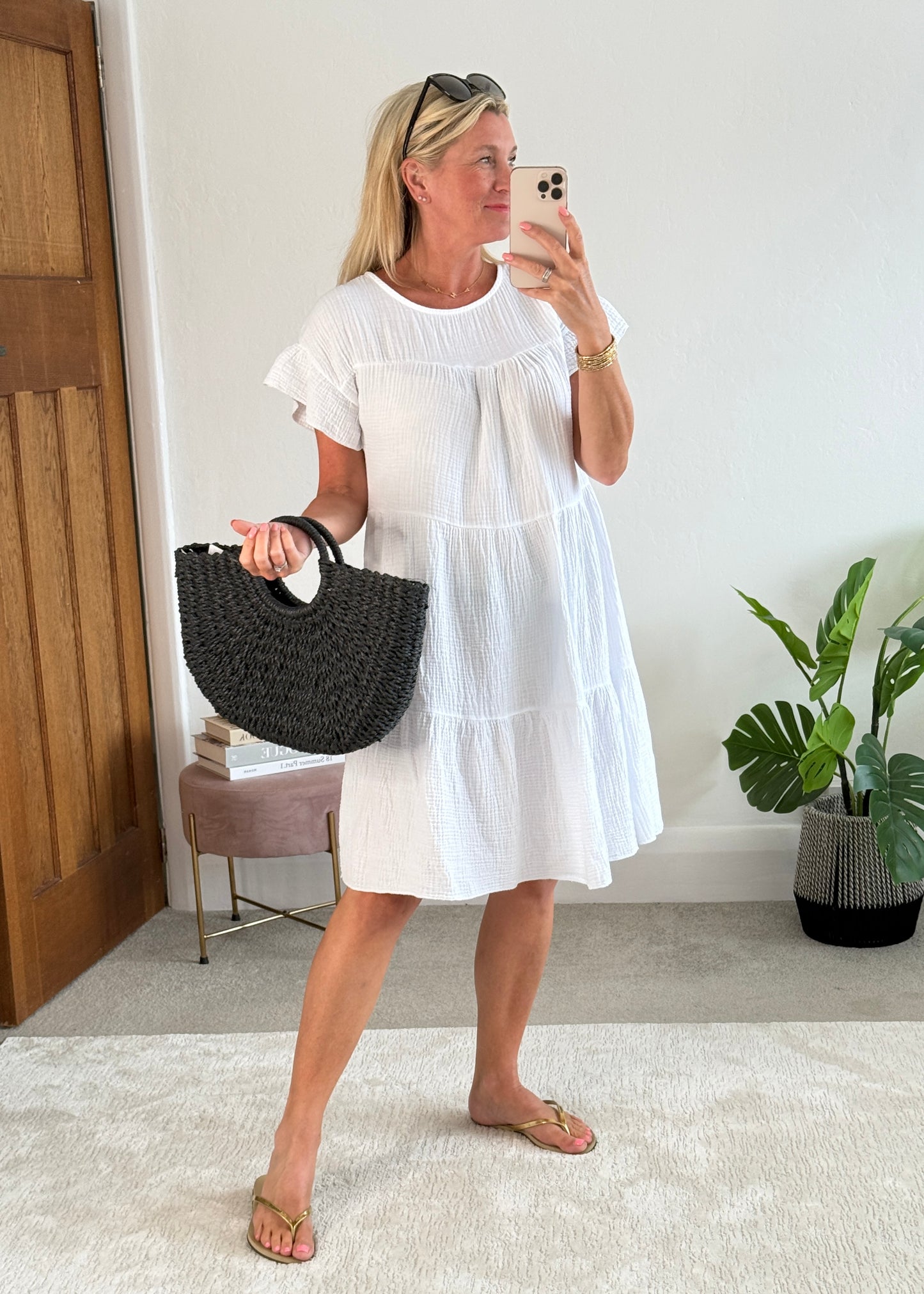 White Cheesecloth Frill Shoulder Dress