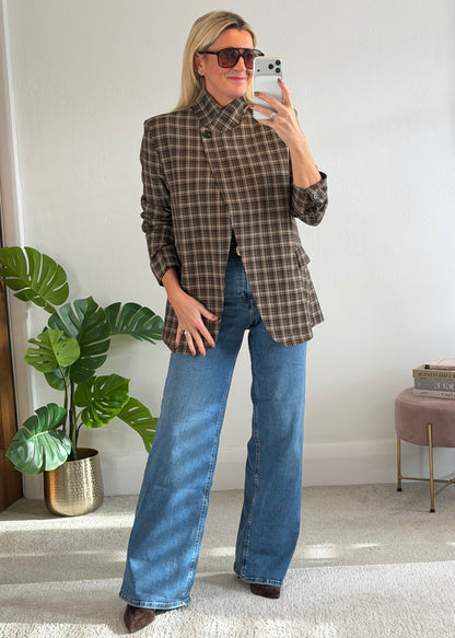 Taupe/Choc Check Asymmetric Button Blazer