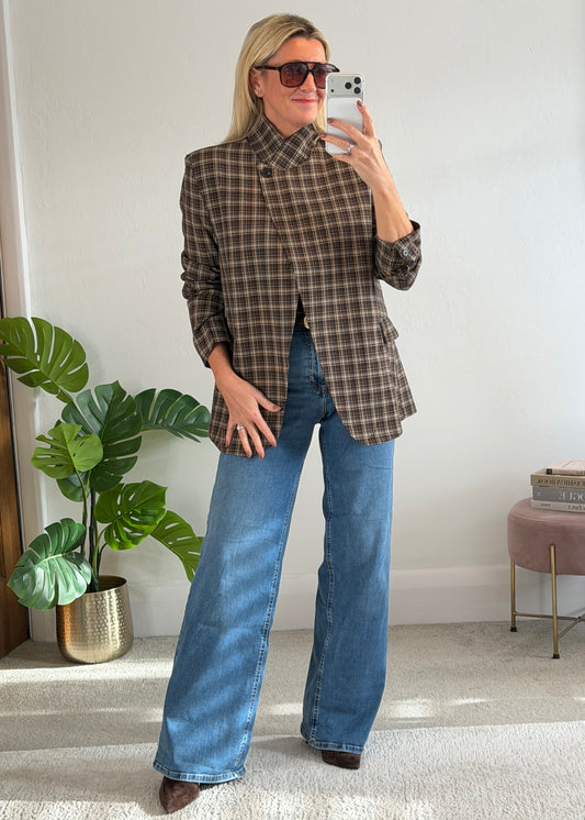 Taupe/Choc Check Asymmetric Button Blazer