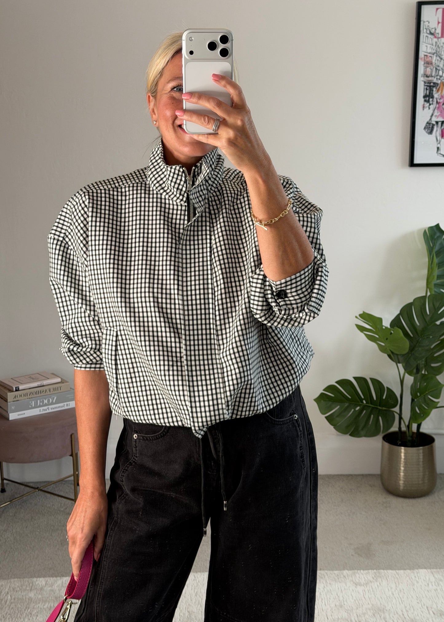 Black Check Funnel Neck Jacket