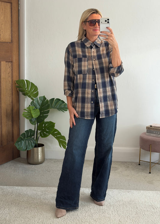 Navy Check Brushed Cotton Blend Shirt