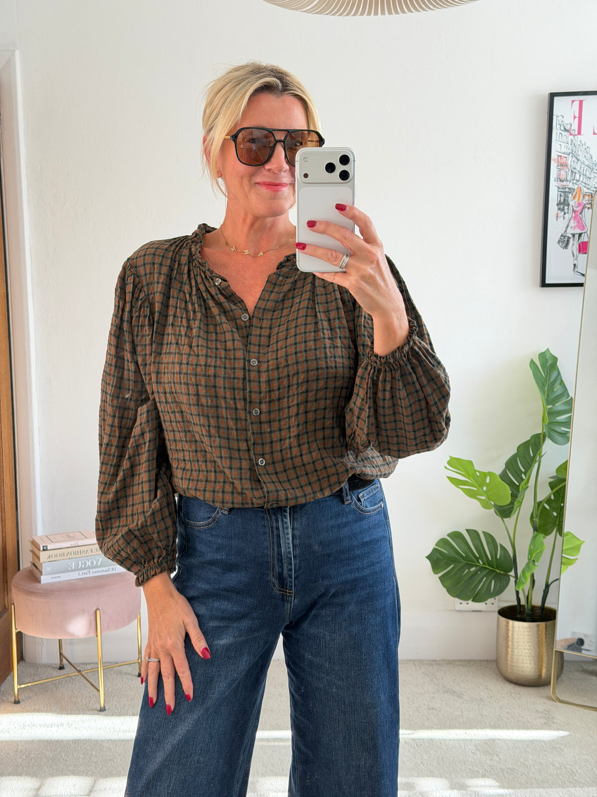 Khaki Heritage Check Frill Collar Blouse