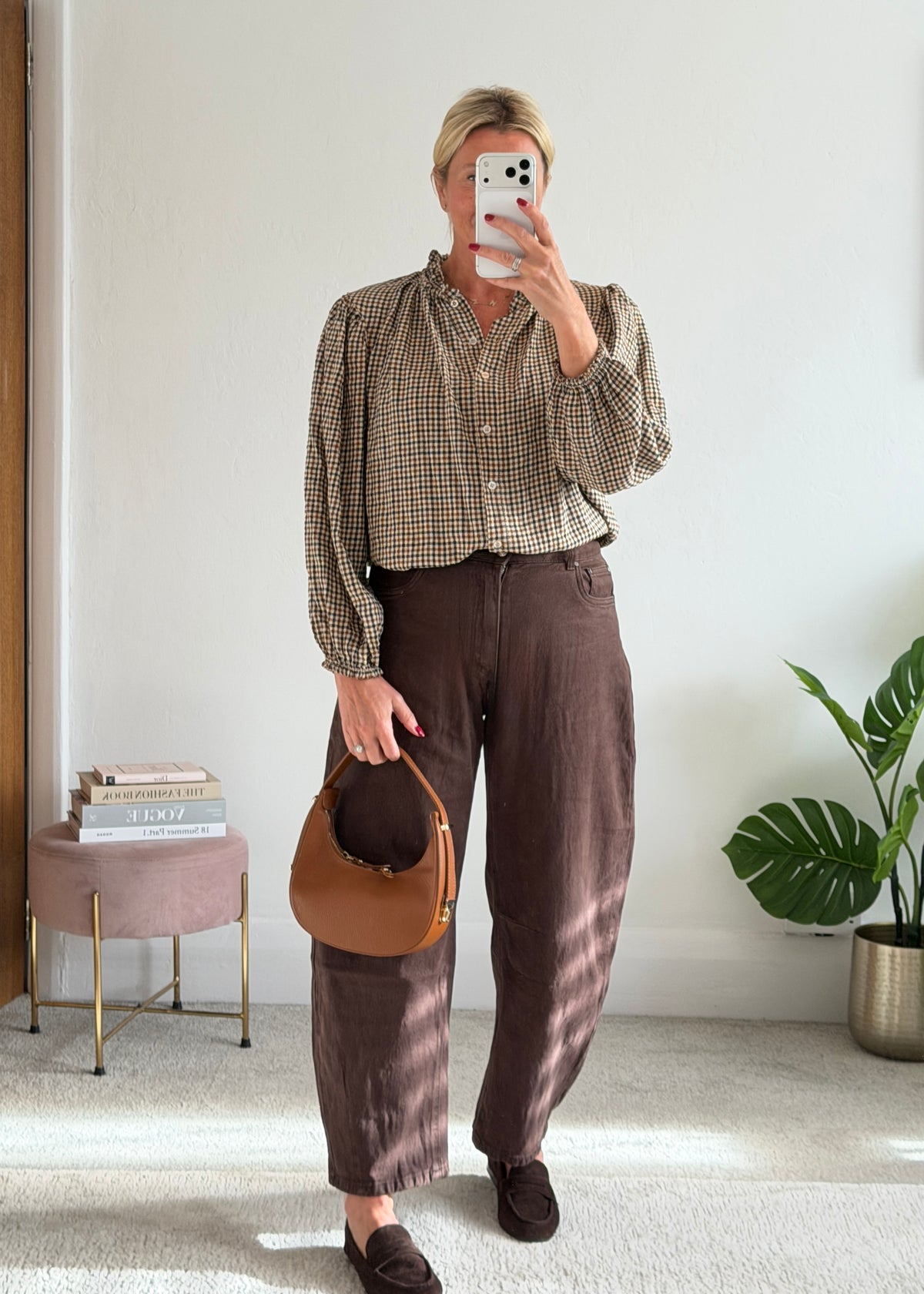 Cream Heritage Check Frill Collar Blouse