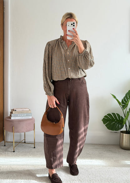Cream Heritage Check Frill Collar Blouse