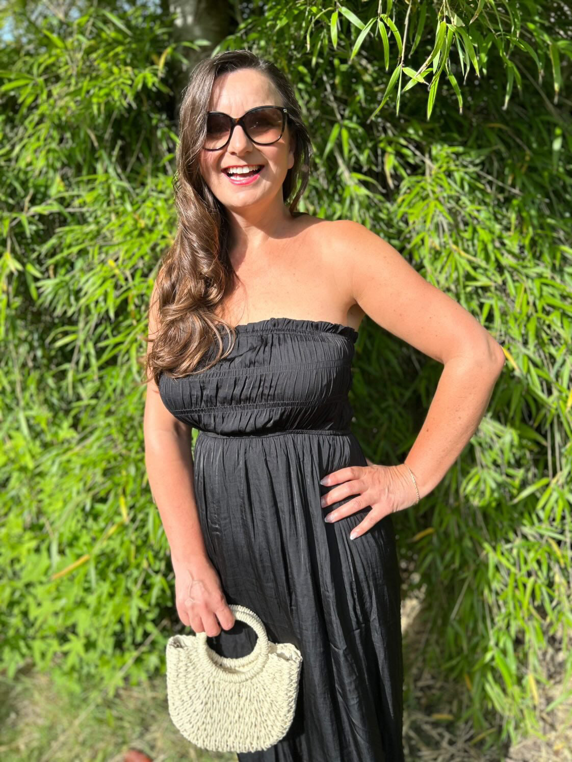 Black Strapless Shirred Dress