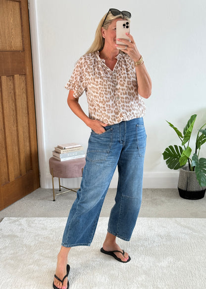 Beige Leopard Frill Sleeve Blouse
