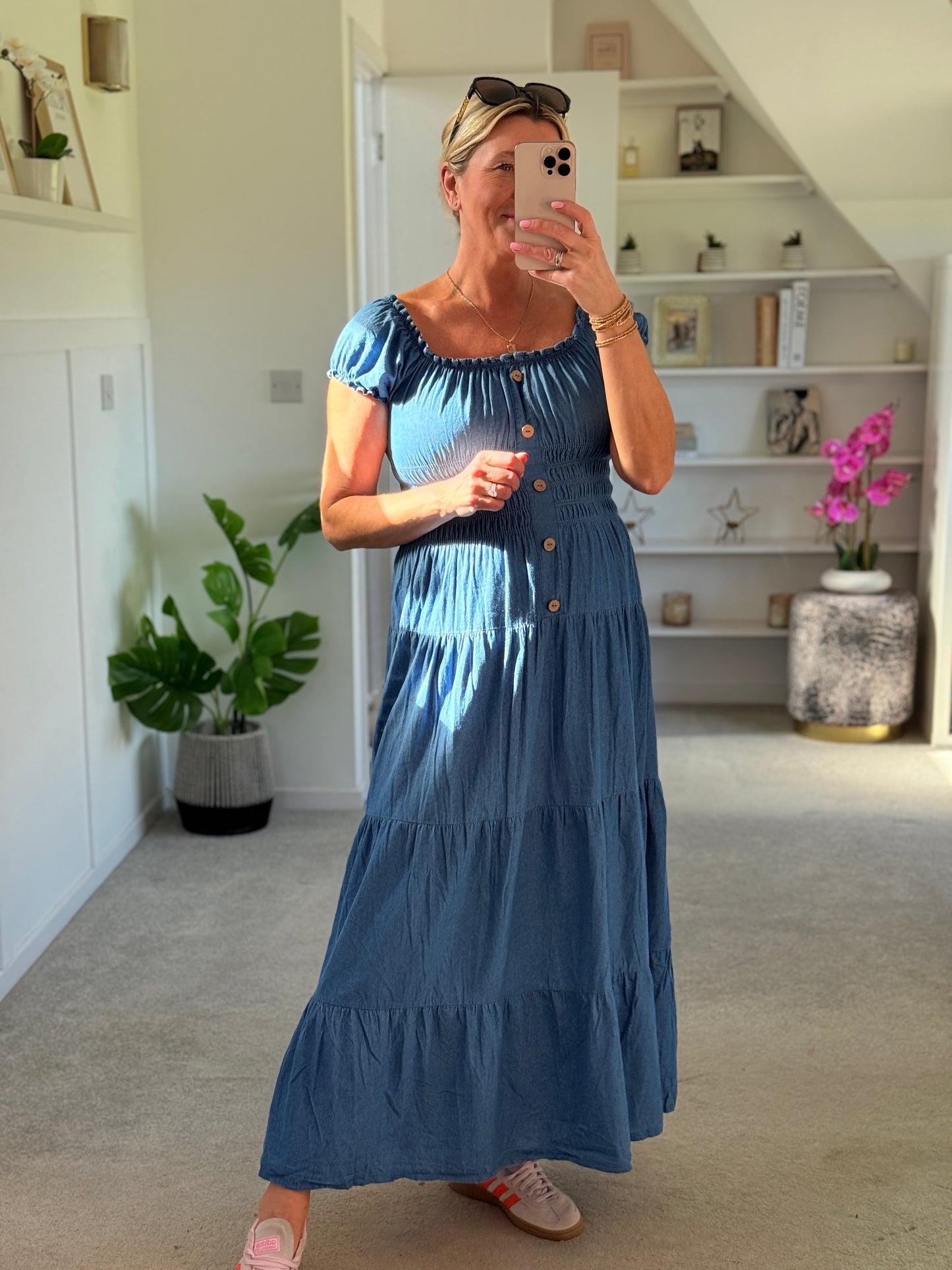 Blue Denim Bardot Tiered Maxi Dress