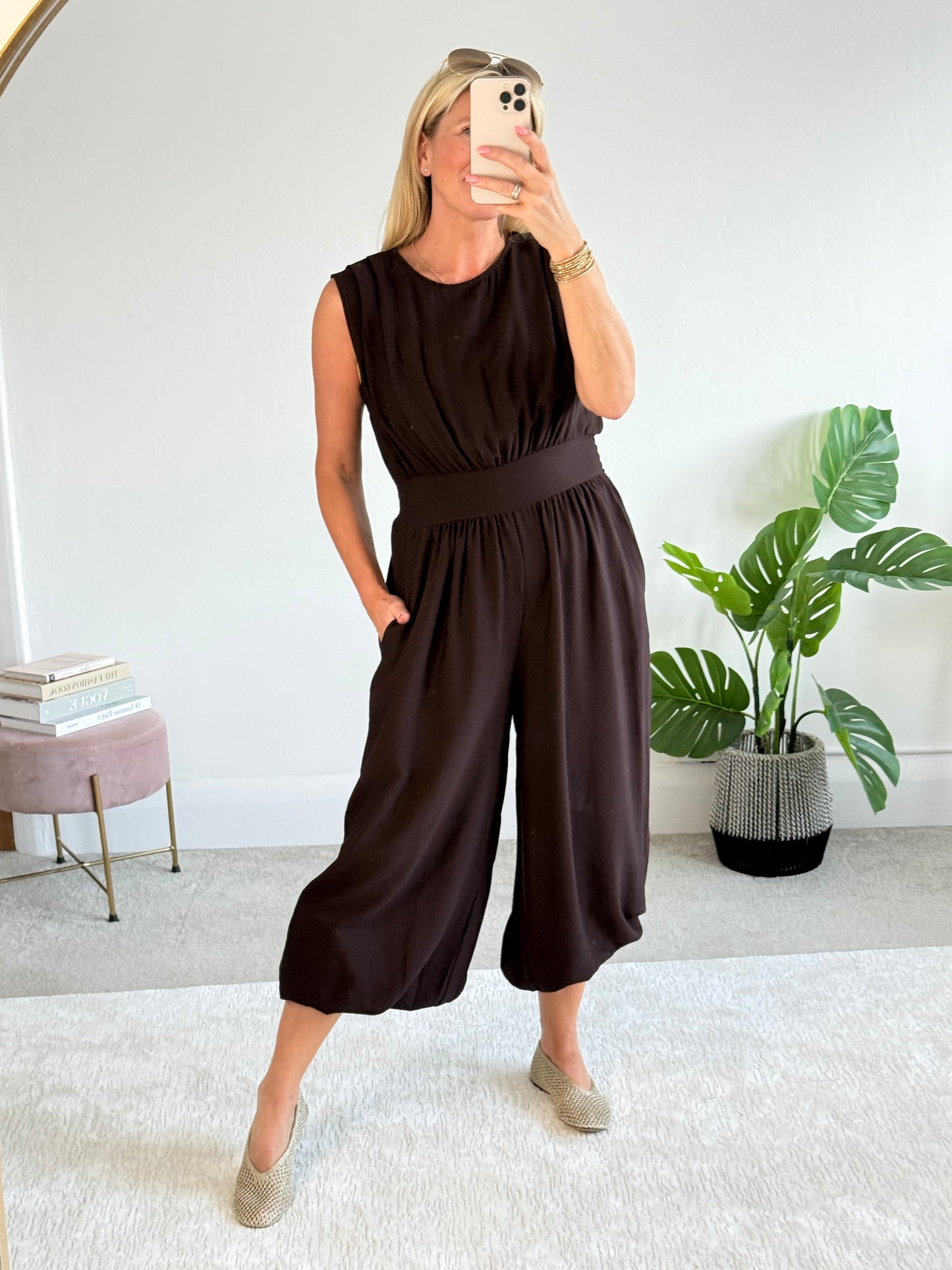 Chocolate Elasticated Sleeveless Harem Jumpsuit