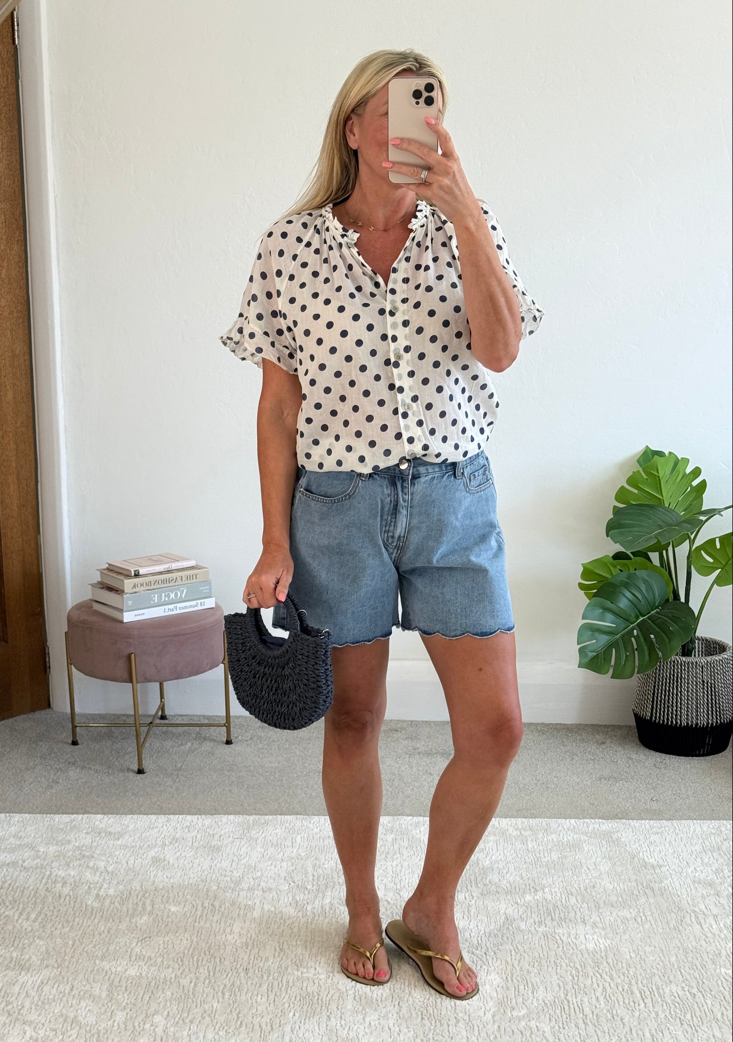 Navy Polka Dot Frill Sleeve Blouse