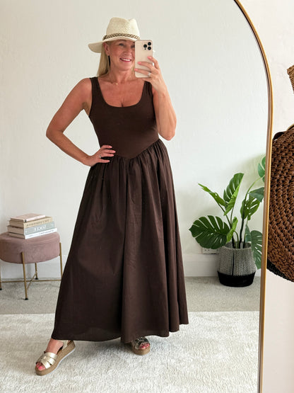 Chocolate V Waist Pocket Maxi Dress