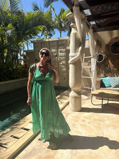 Kelly Green Tie Strap Tiered Maxi Dress