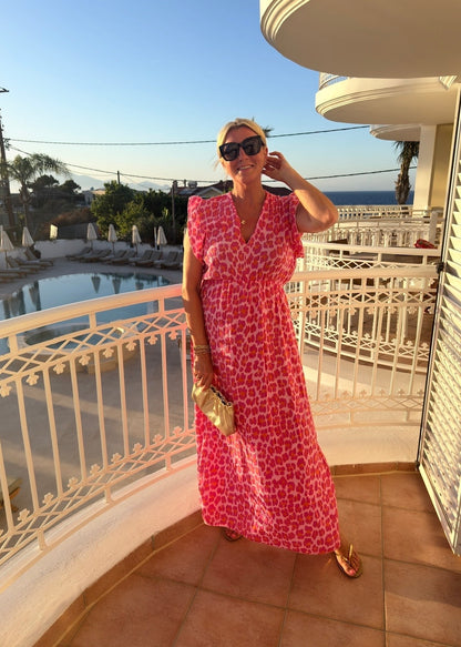 Cream Leopard Print Frill Sleeve Maxi Dress
