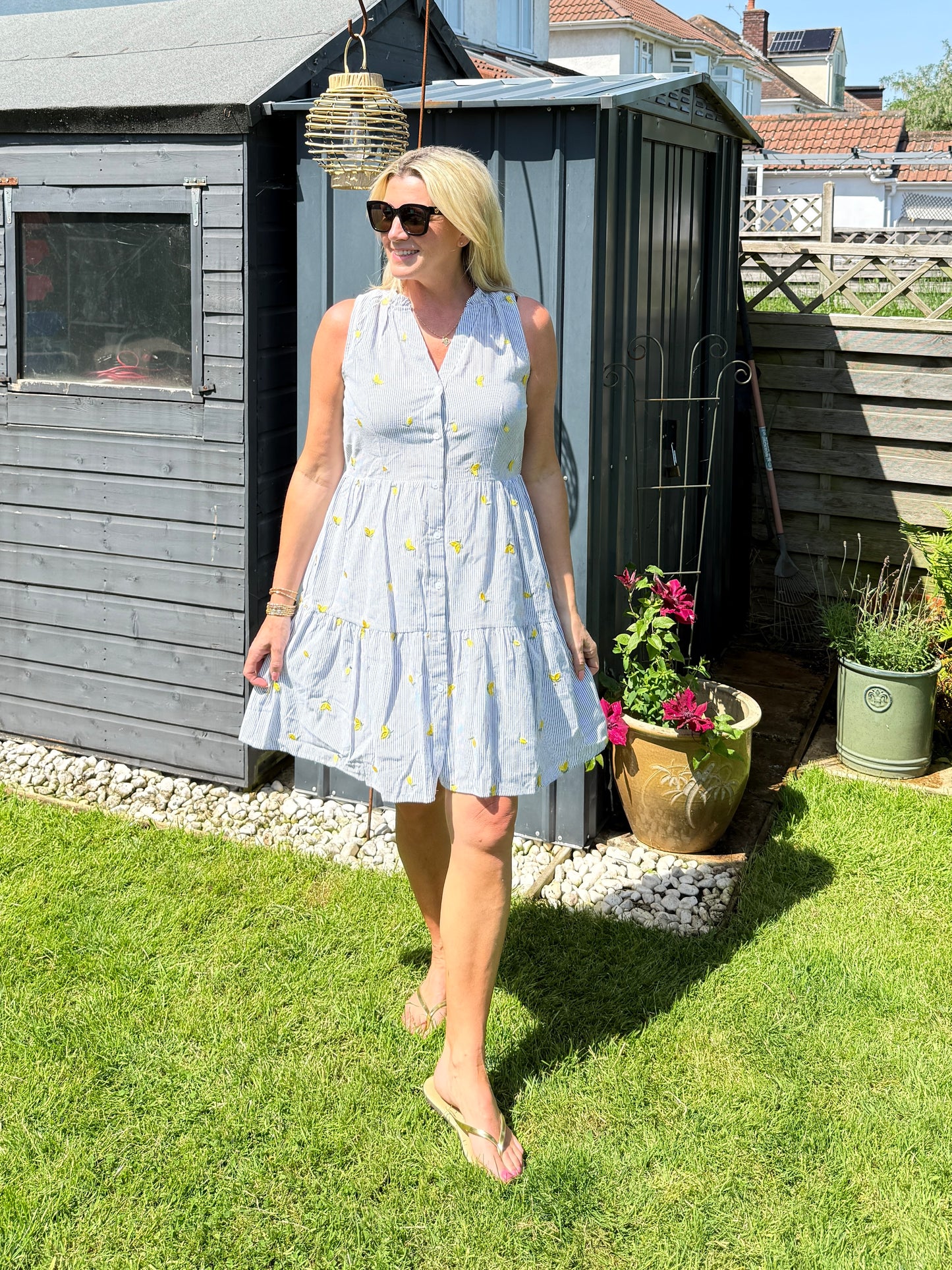 Navy Stripe Lemon Embroidered Tiered Dress