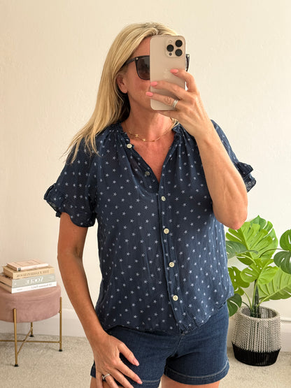 Navy Star Frill Sleeve Blouse