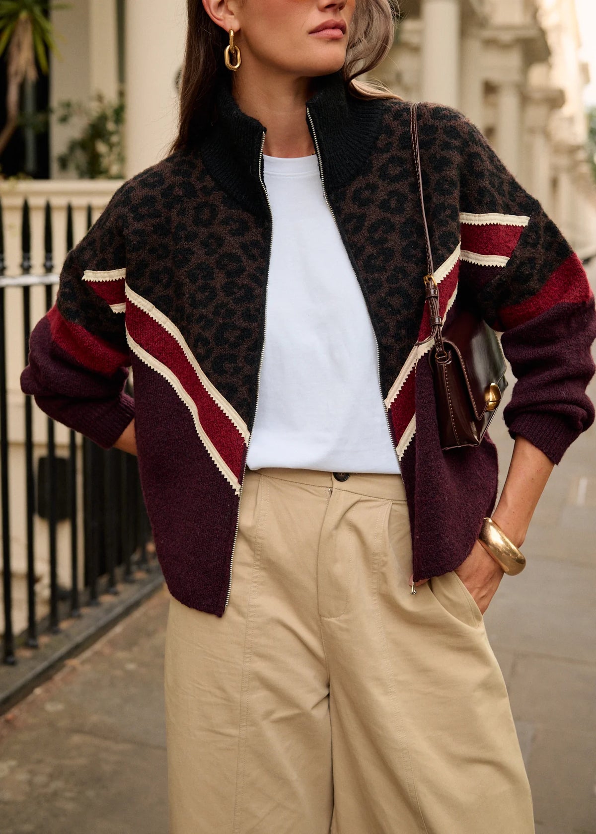 Leopard Chevron Zip Front Knitted Cardigan