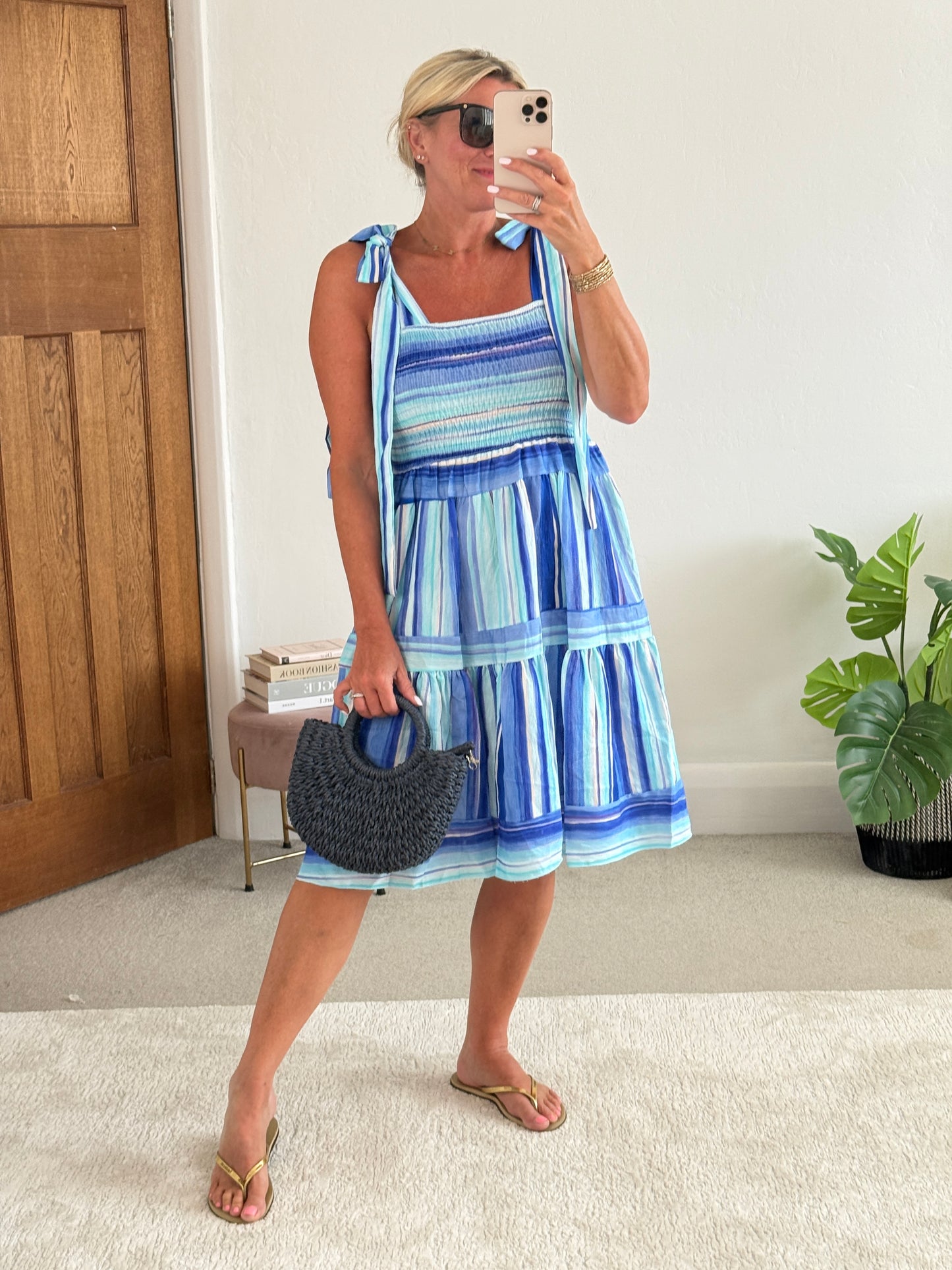 Turquoise Striped Shirred Dress