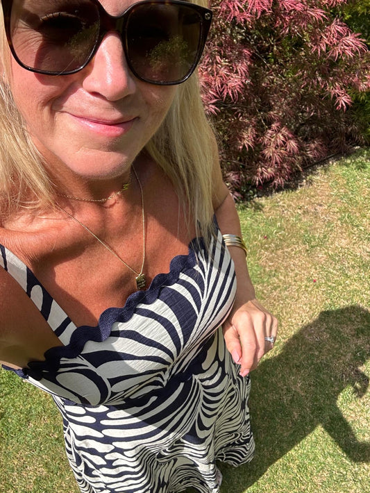 Navy Printed Scallop Detail Dress