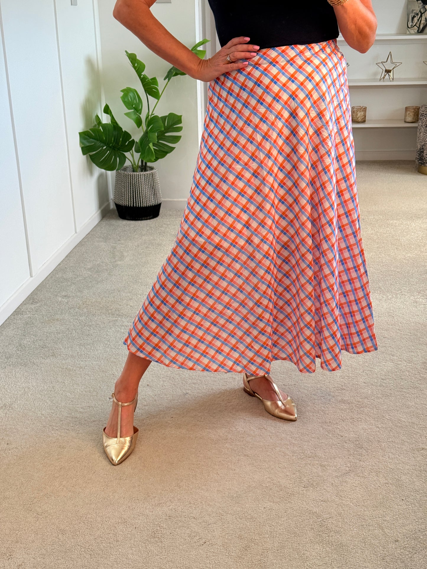 Orange/Blue Retro Check Flared Midi Skirt