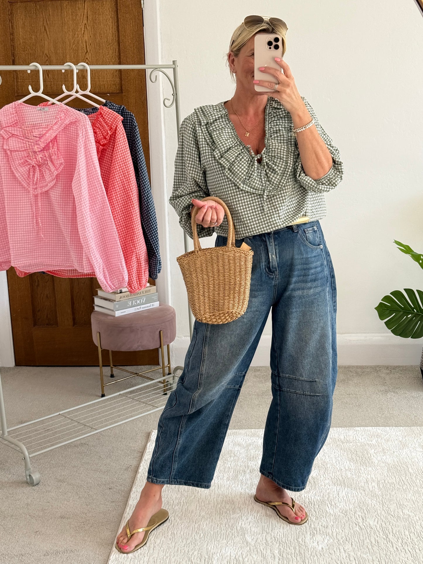 Khaki Gingham Ruffle Blouse