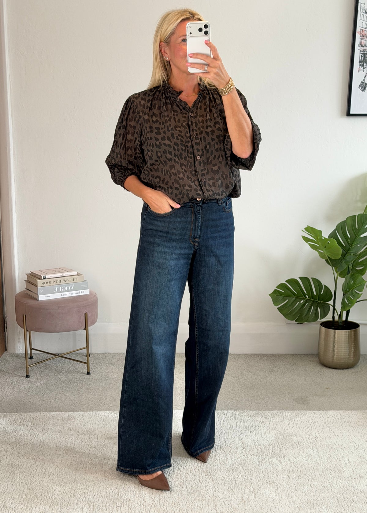 Chocolate Leopard 3/4 Puff Sleeve Blouse