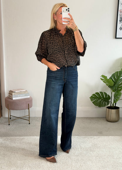 Chocolate Leopard 3/4 Puff Sleeve Blouse