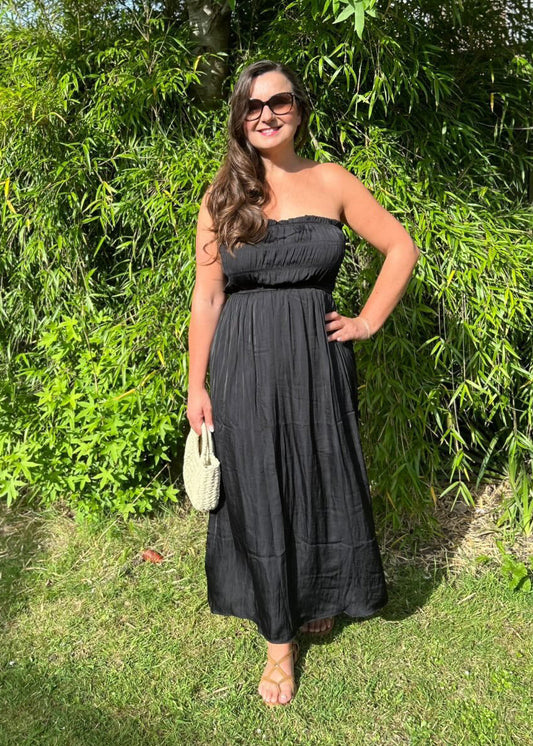 Black Strapless Shirred Dress