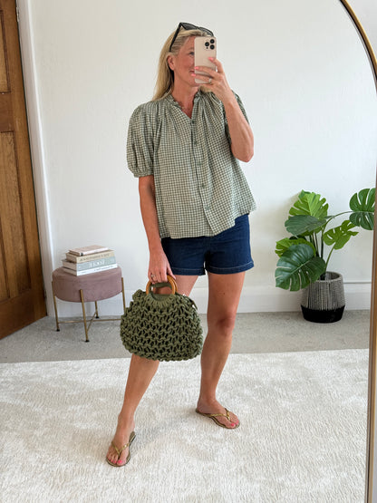 Navy/White Gingham Puff Sleeve Blouse