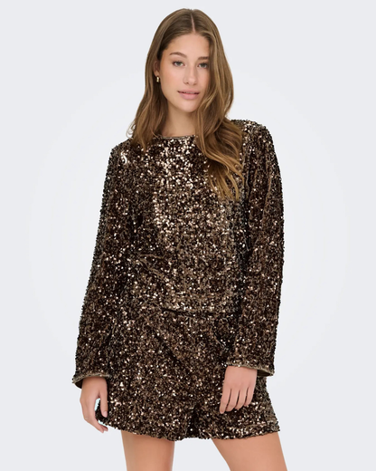 Black Sequin Satin Bow Back Top