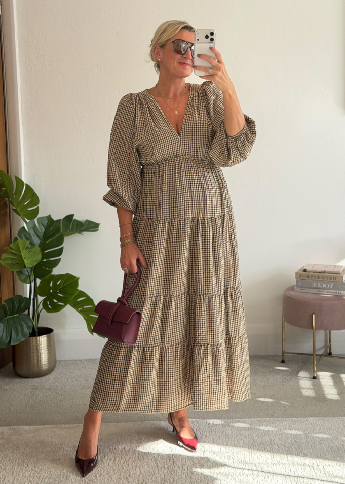 Navy Heritage Check V-Neck Tiered Dress