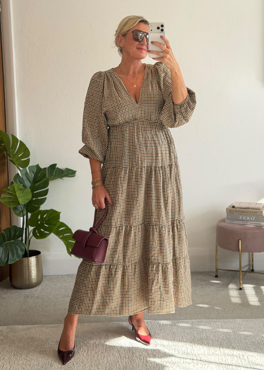 Cream Heritage Check V-Neck Tiered Dress